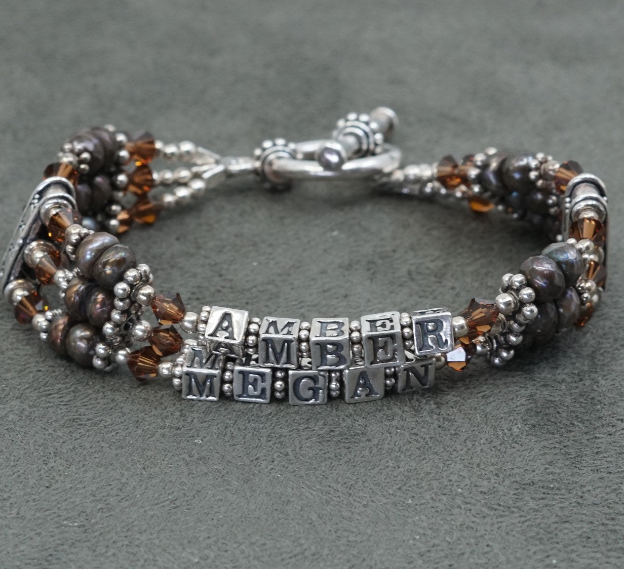 6.75", VTG Sterling silver handmade bracelet w/ crystal beads amber Alec, Megan