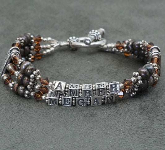 6.75", VTG Sterling silver handmade bracelet w/ crystal beads amber Alec, Megan