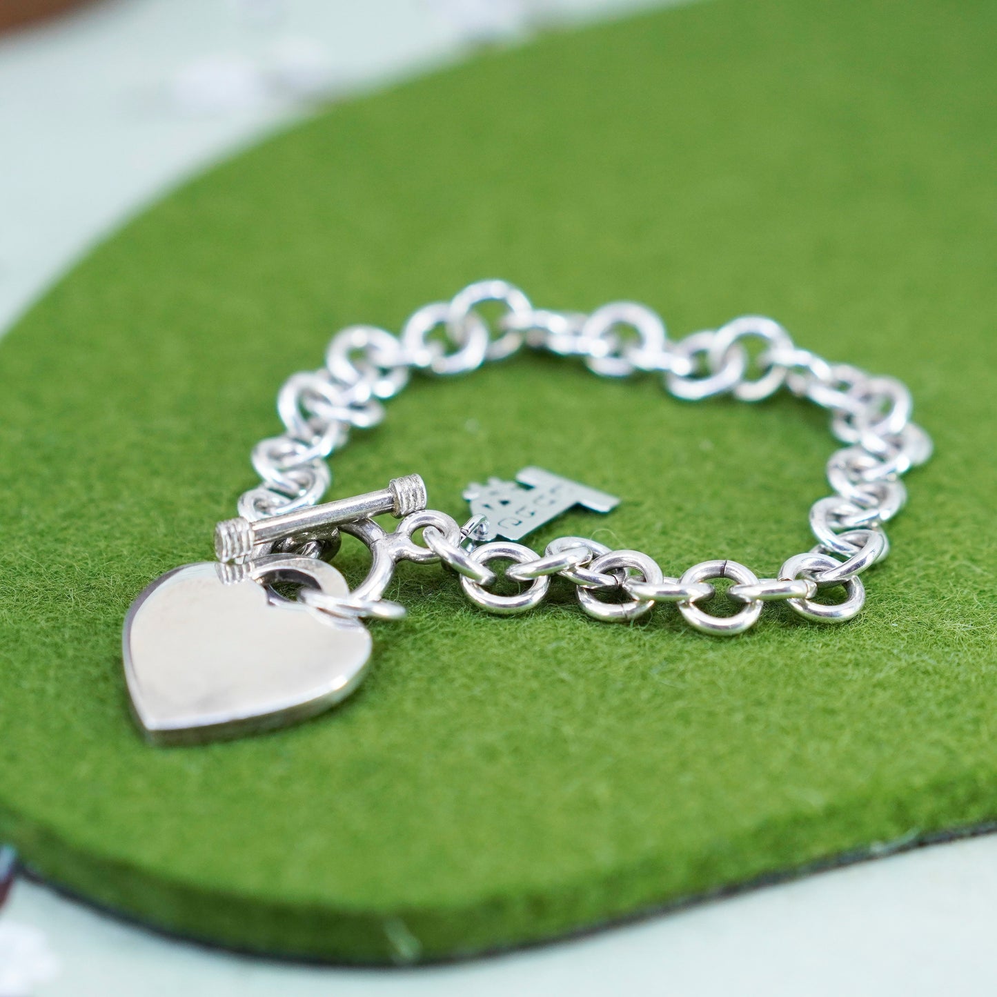 6.75”, sterling silver circle bracelet, 925 chain heart charm monogram “AEH”