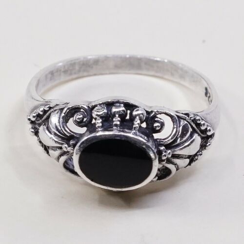 Sz 7.25, Vtg Sterling Silver Handmade Ring, 925 Band W/ Oval obsidian N Beads