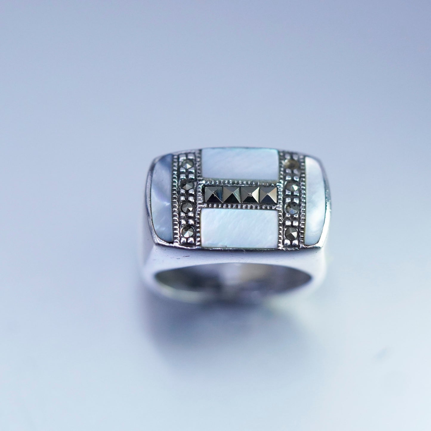 Size 5.75, Sterling 925 silver handmade ring with mother of pearl and marcasite
