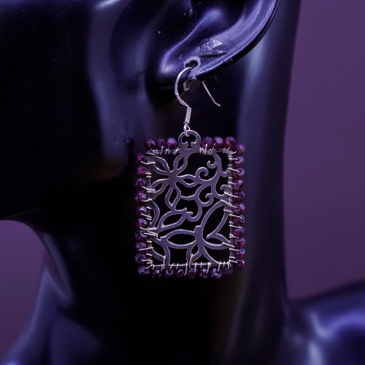 Vintage Sterling 925 silver handmade flower earrings with cluster garnet