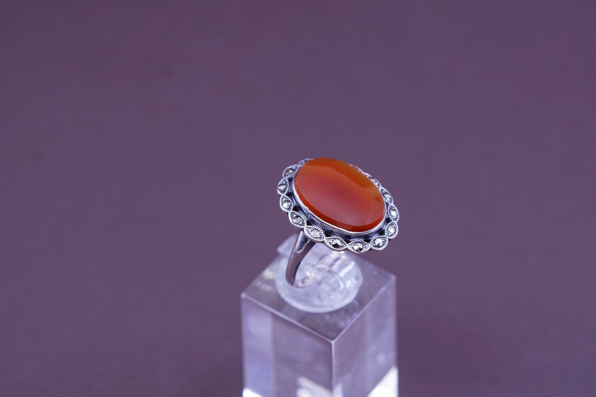 Size 9, vtg Sterling silver handmade flower ring with carnelian and Marcasite