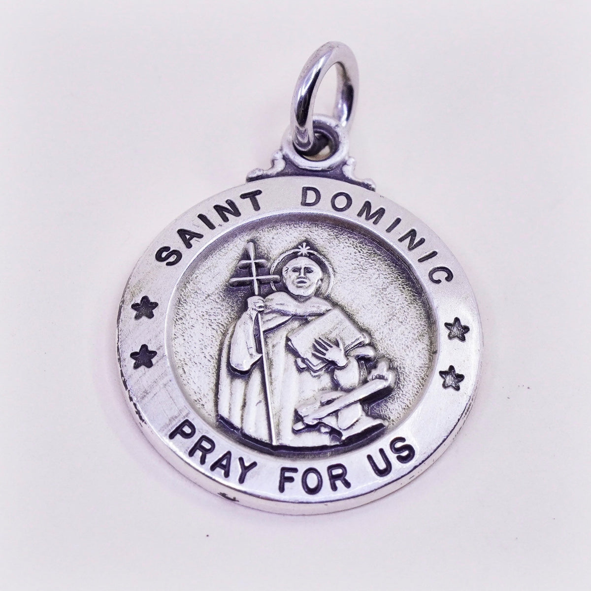 Vintage sterling 925 silver tag charm pendant with “Saint Dominic pray us”