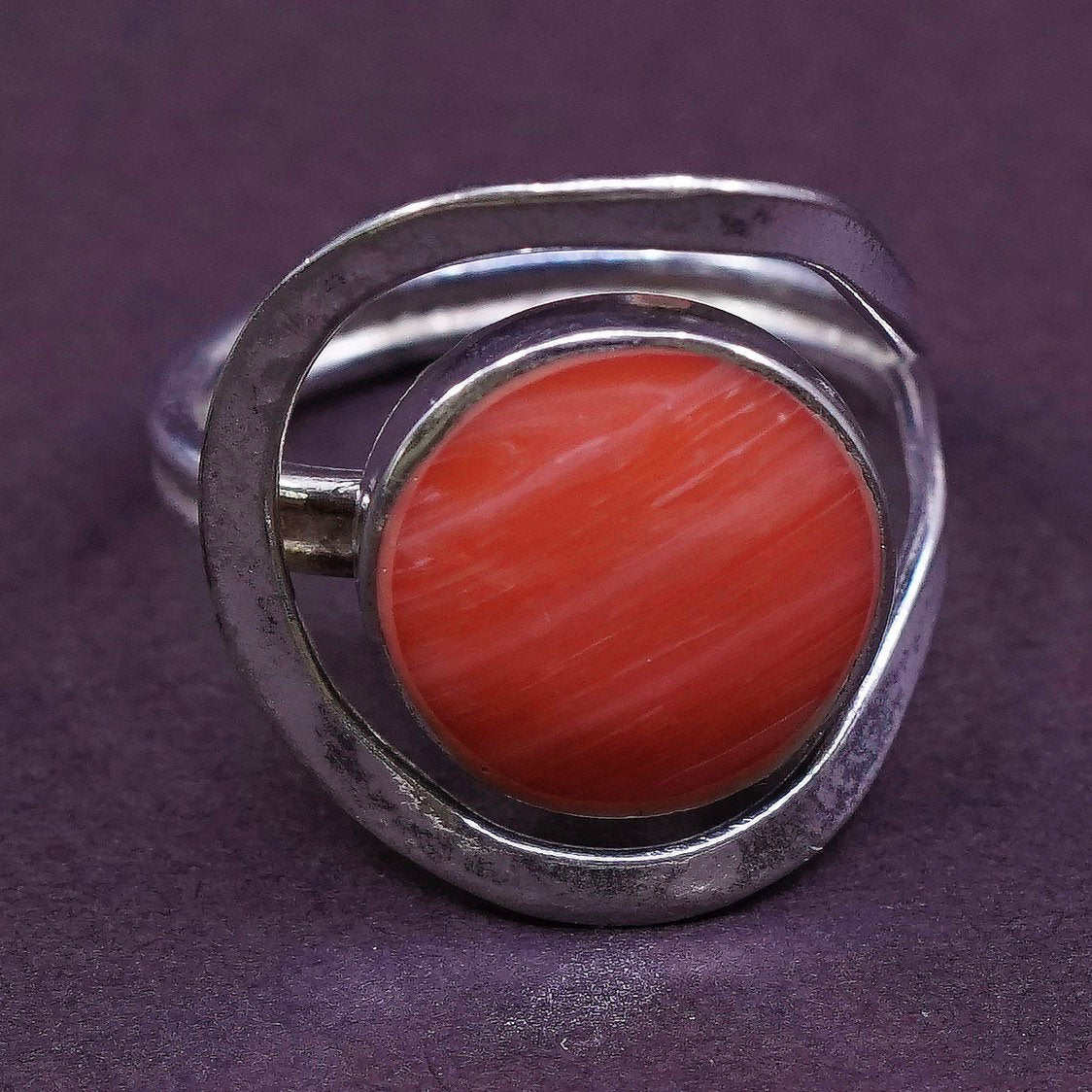 sz 4, VTG Sterling silver handmade ring, 925 with orange agate inlay