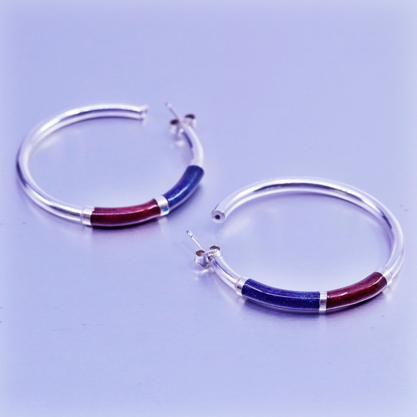 1.5”, vintage Italy Sterling silver handmade earrings, bold 925 hoops w/ enamel