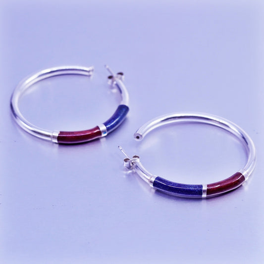 1.5”, vintage Italy Sterling silver handmade earrings, bold 925 hoops w/ enamel