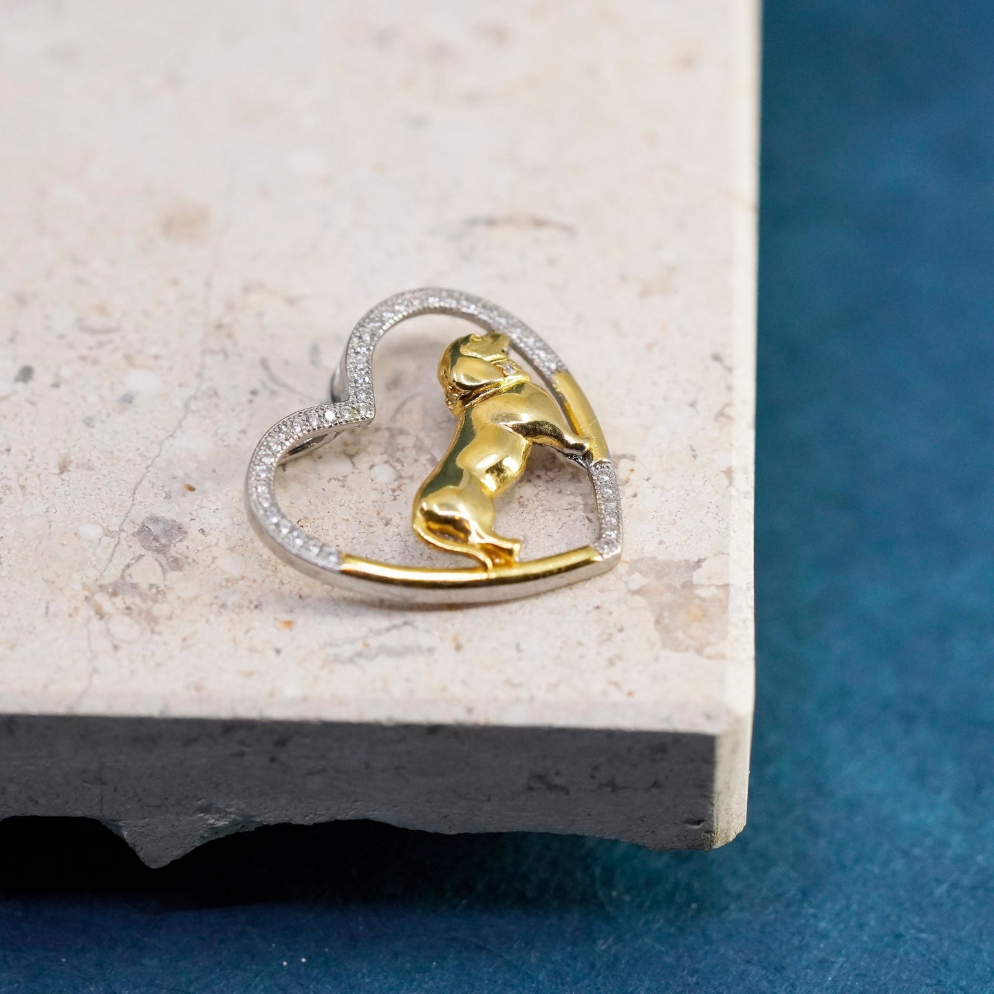 Vermeil gold over Sterling silver pendant, 925 heart with Dachshund dog diamond