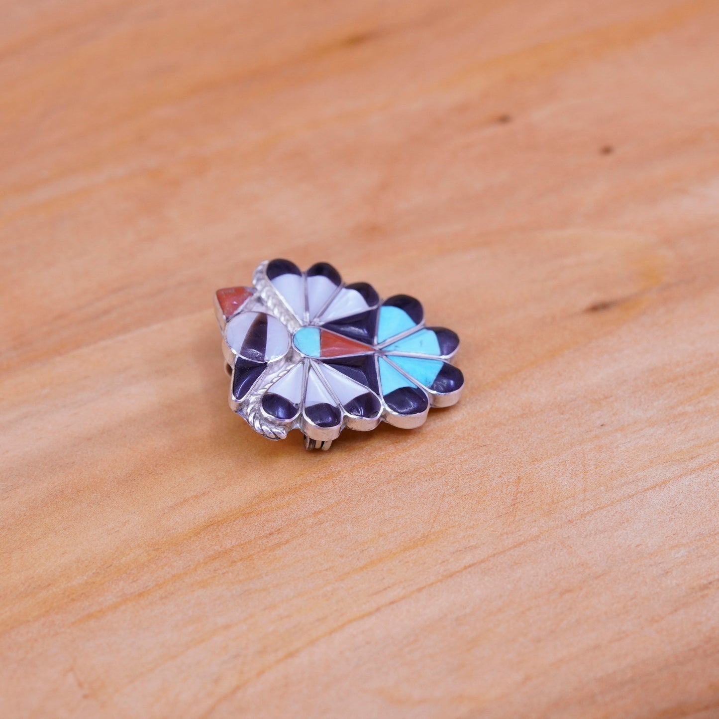 sterling silver brooch pendant, 925 zuni Native American thunderbird turquoise