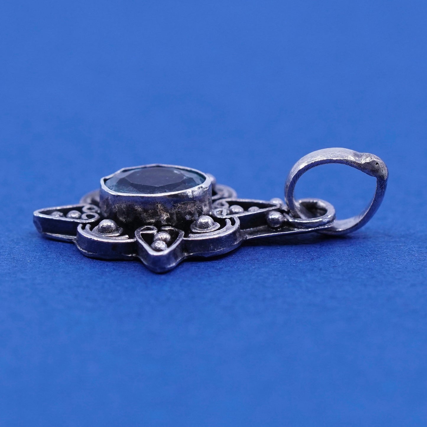 Vintage sterling 925 silver handmade pendant with blue topaz and beads