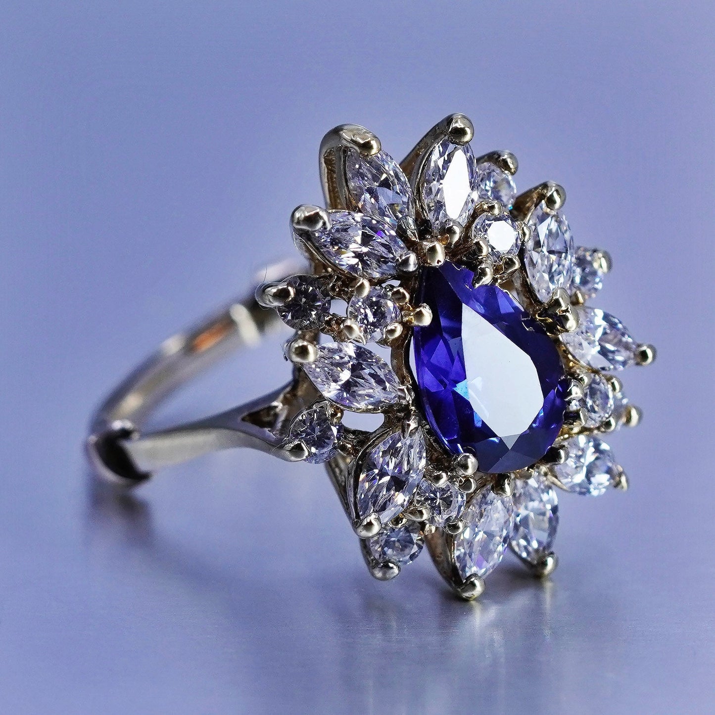 Size 11, vermeil gold filled Sterling 925 silver ring with teardrop sapphire cz