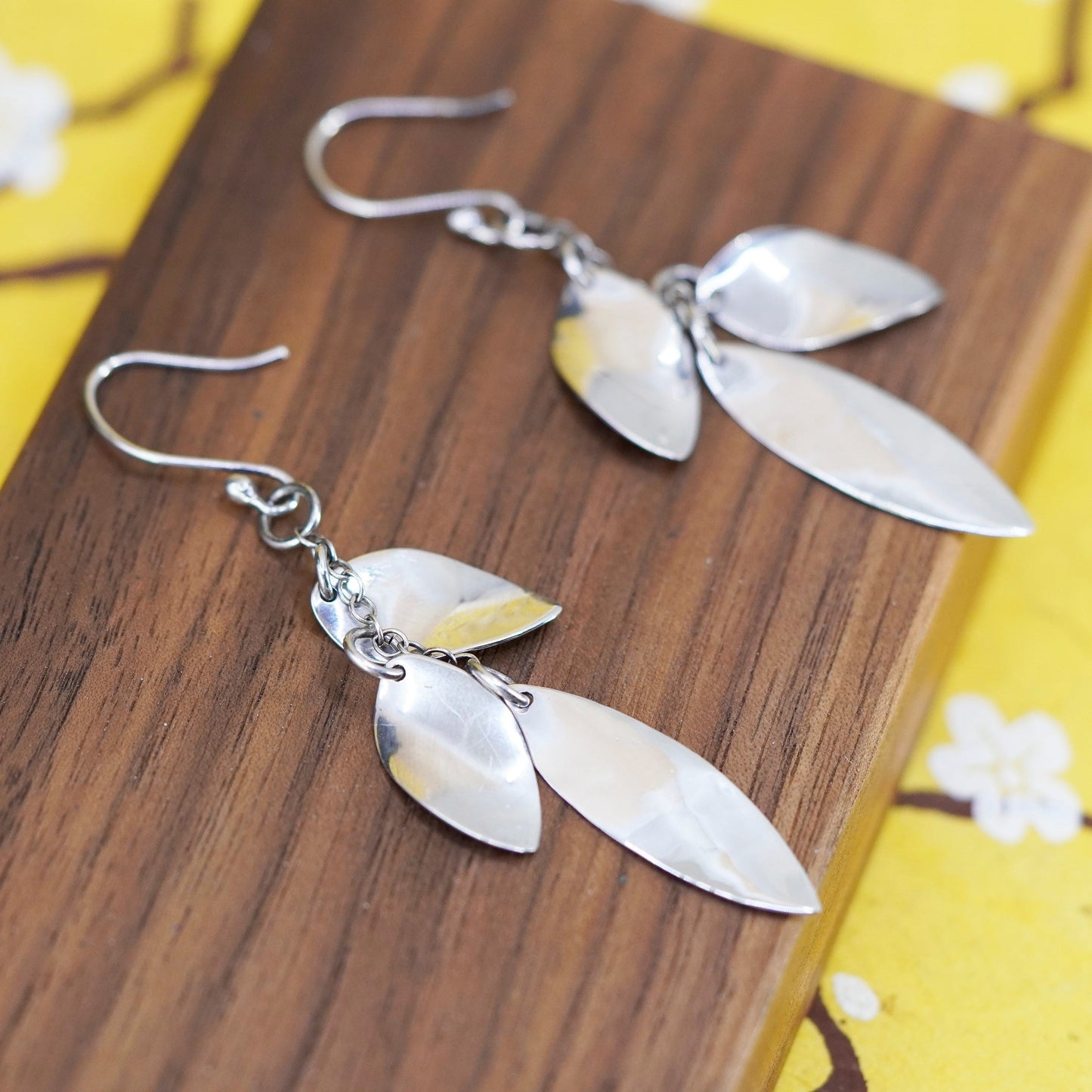 Vintage Sterling silver handmade earrings, 925 leaves drops