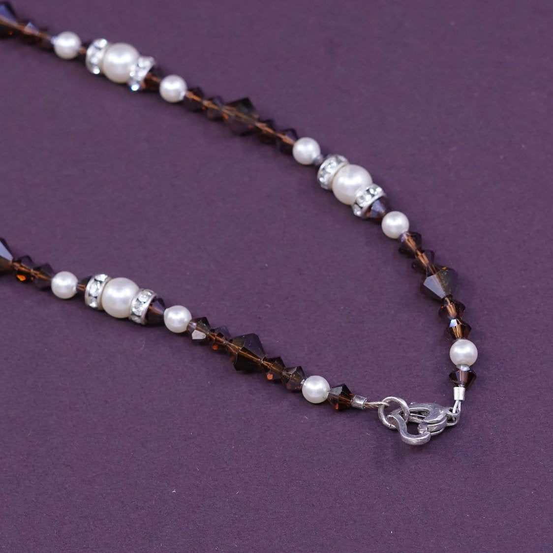 16", Sterling silver handmade necklace, 925 Heart clasp w/ pearl N garnet beads