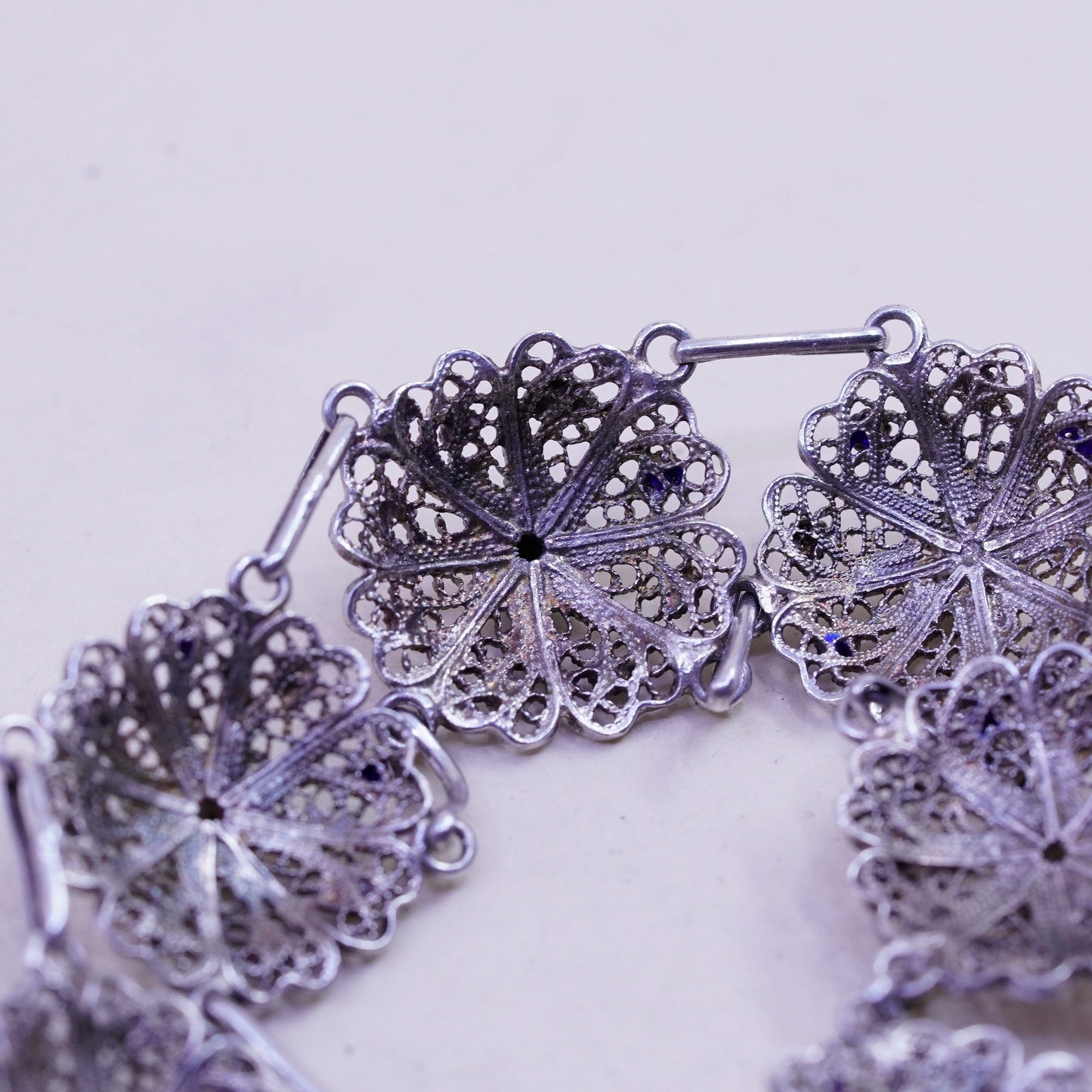 7.25”, vintage sterling silver handmade bracelet, filigree floral link chain