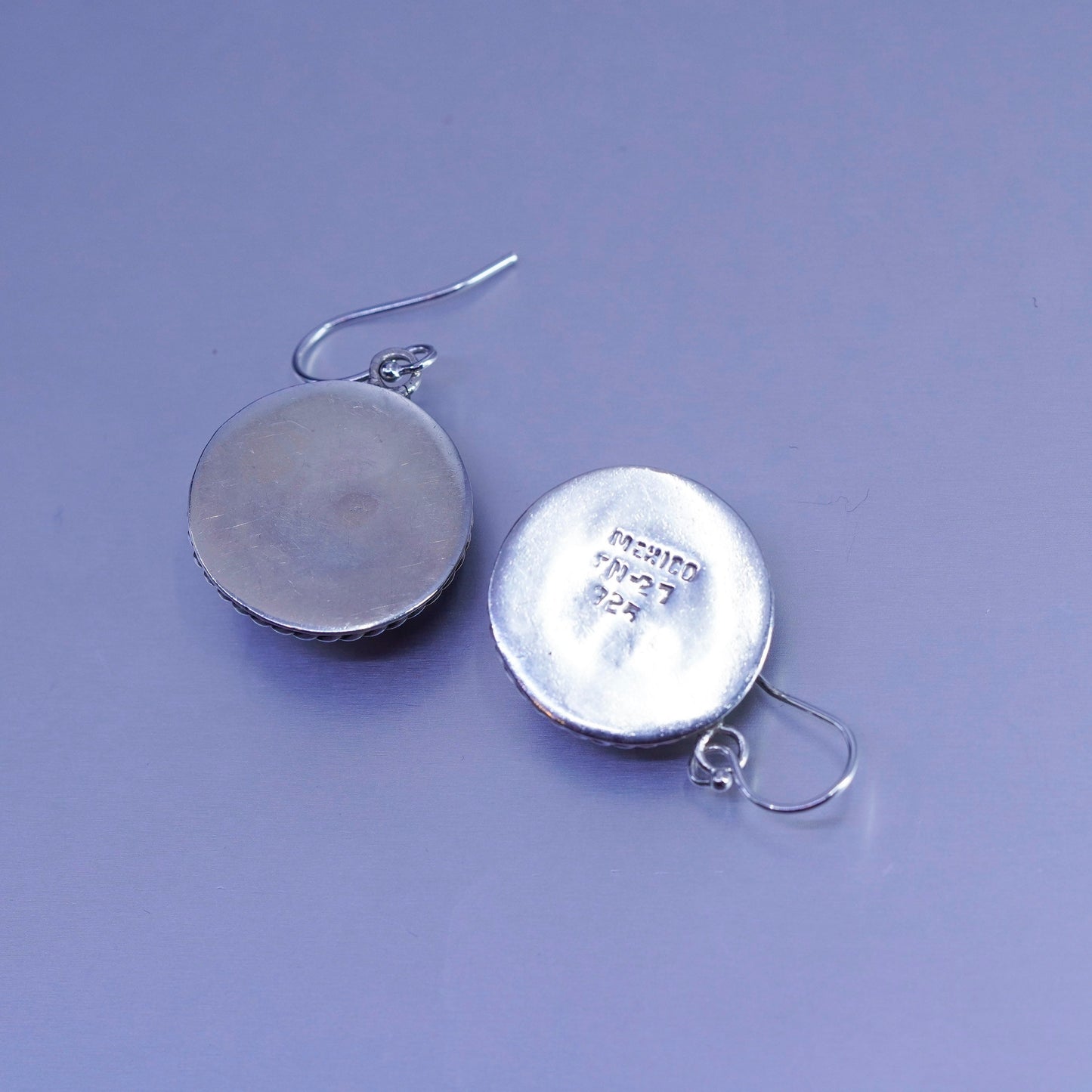 vintage Sterling silver handmade earrings, 925 disc dangles with cable around