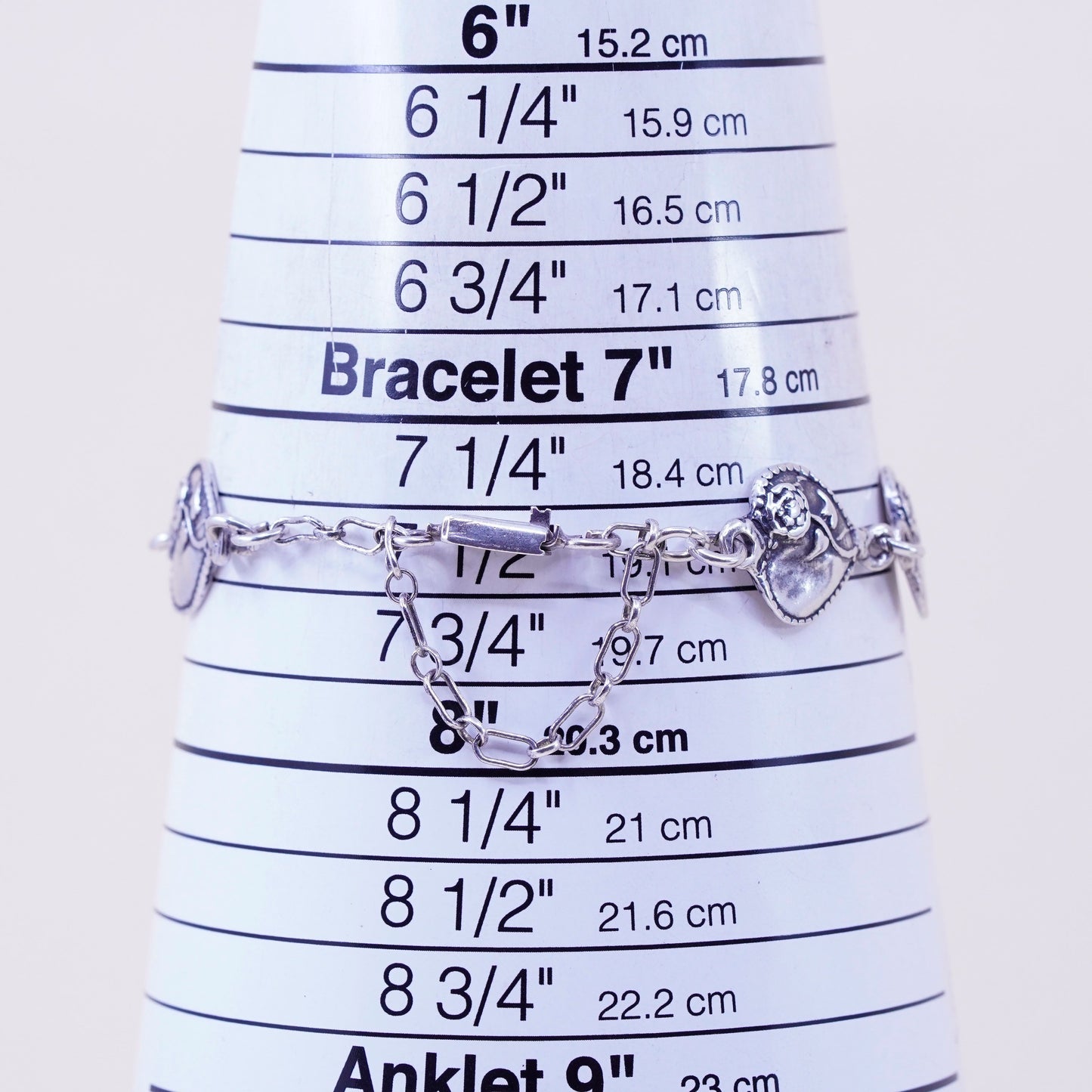 7.5”, Vintage sterling silver handmade bracelet, 925 heart chain with flower