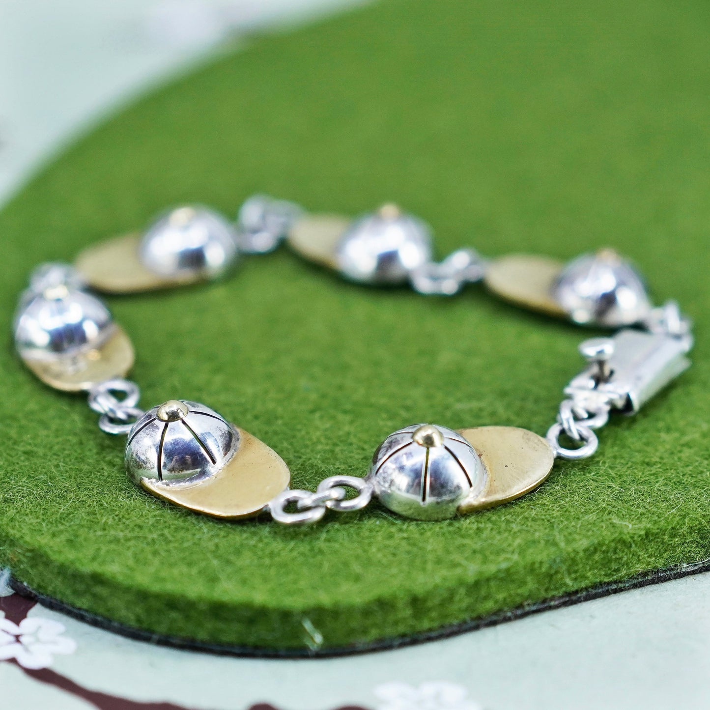 8”, vtg two tone sterling silver handmade bracelet, 925 chain baseball cap hat