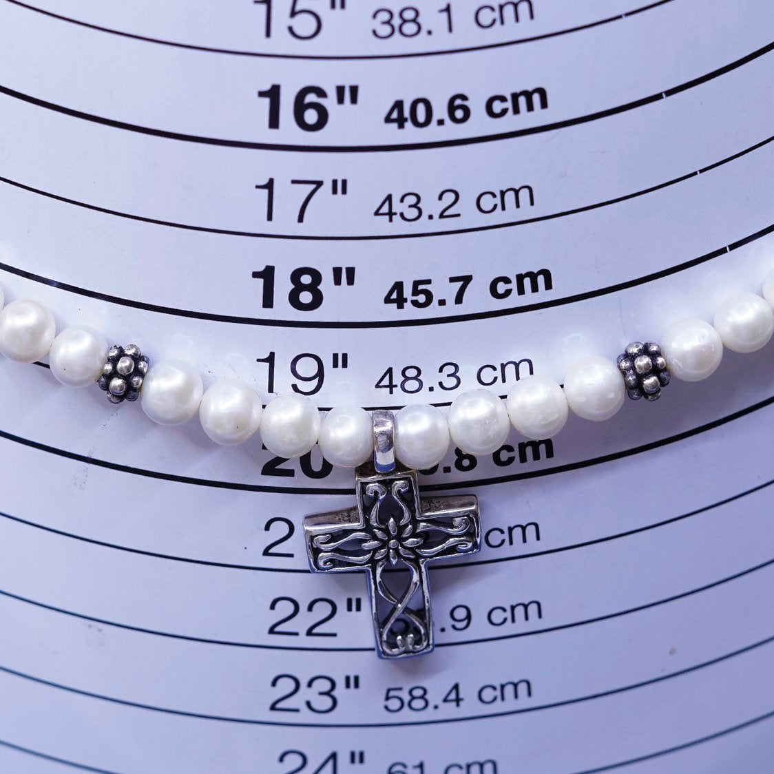 18", vtg Sterling silver handmade necklace, 925 cross pendant and pearl beads