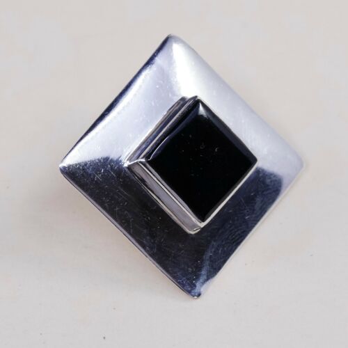 Vtg Mexico Square Sterling Silver Clip on Black Obsidian Earrings, Stamped 925