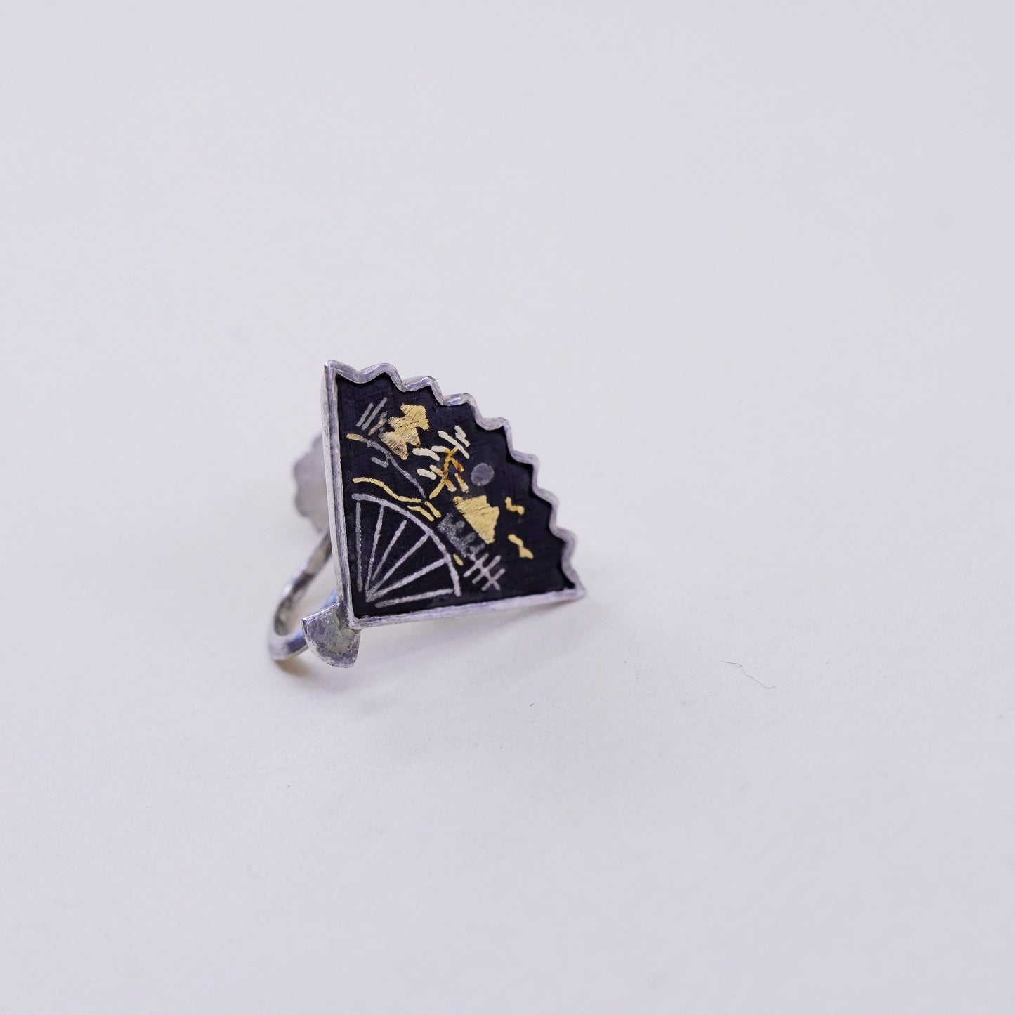 vintage two tone Sterling silver earrings 925 screw back Japanese fan landscape