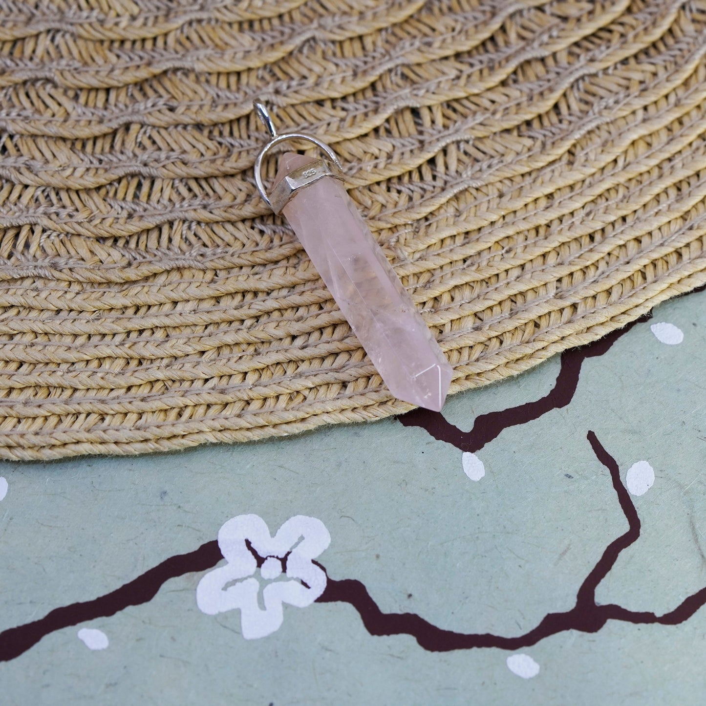 Vintage sterling 925 silver handmade healing pendant with pink rose quartz