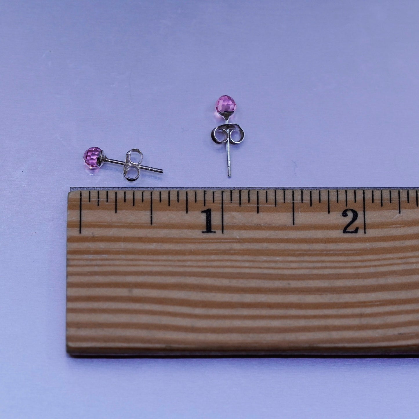 3mm, Vintage Sterling 925 silver earrings, studs with pink cz inlay