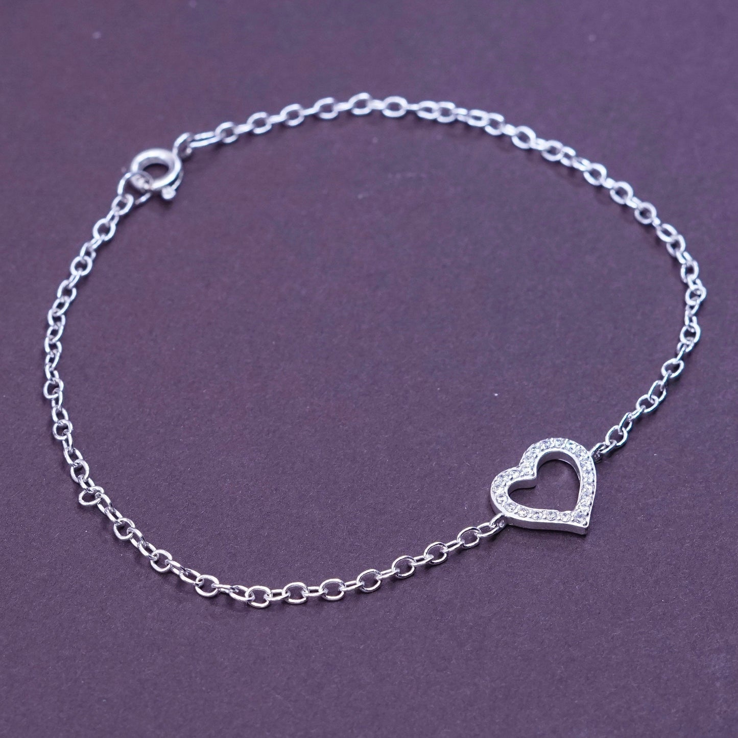 7.75”, Sterling silver handmade charm bracelet, 925 circle chain w/ Cz heart