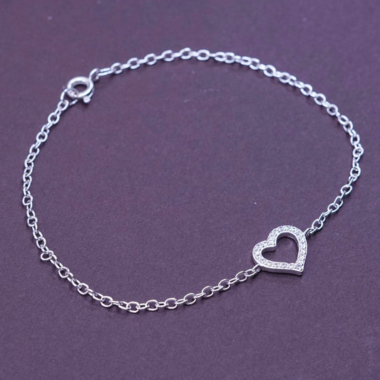 7.75”, Sterling silver handmade charm bracelet, 925 circle chain w/ Cz heart