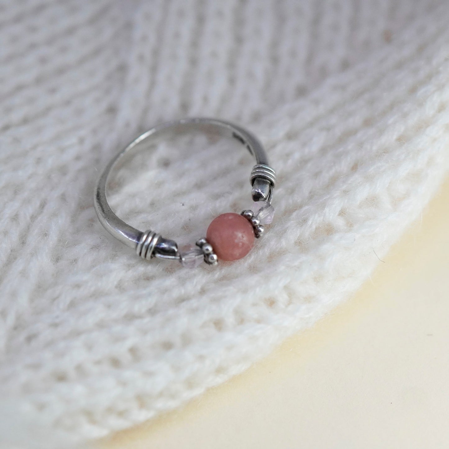 Size 5.75, Vintage sterling silver handmade ring with pink quartz bead