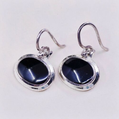 Amazing handmade Sterling Silver earrings, 925 Oval Obsidian Dangles