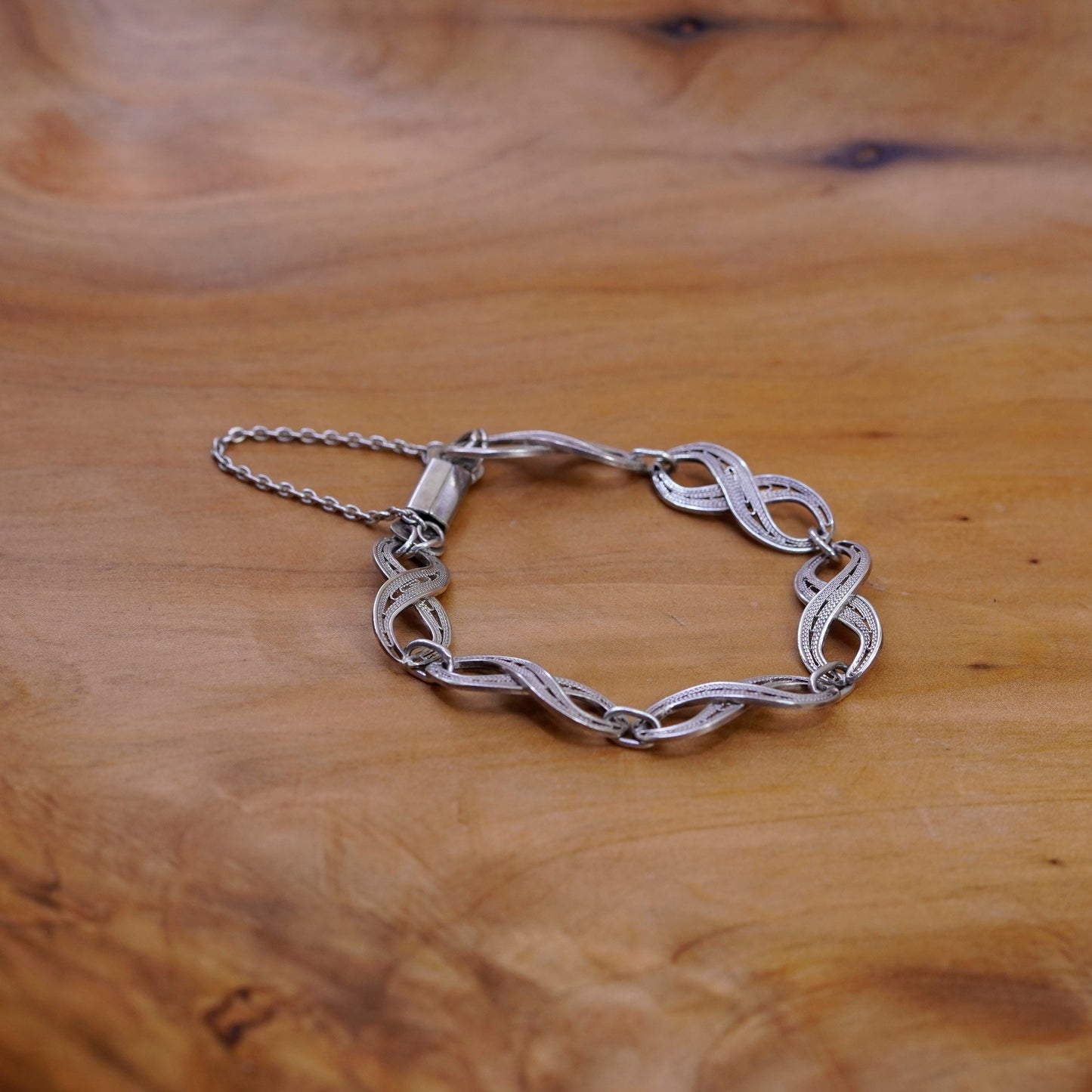 6.75”, vintage Sterling silver handmade bracelet, filigree infinity chain