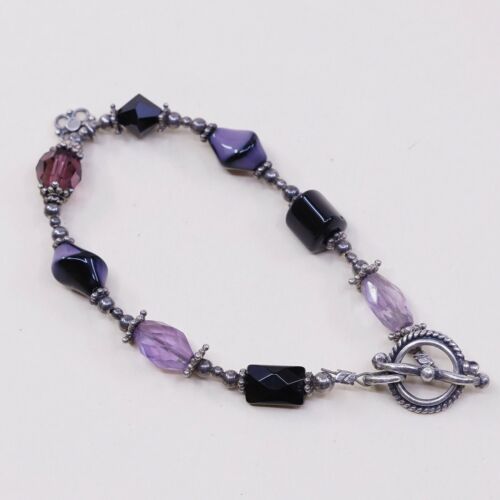 6.5”, Vtg Handmade Gemstone Nugget Bracelet W/ Silver Tone Toggle Closure