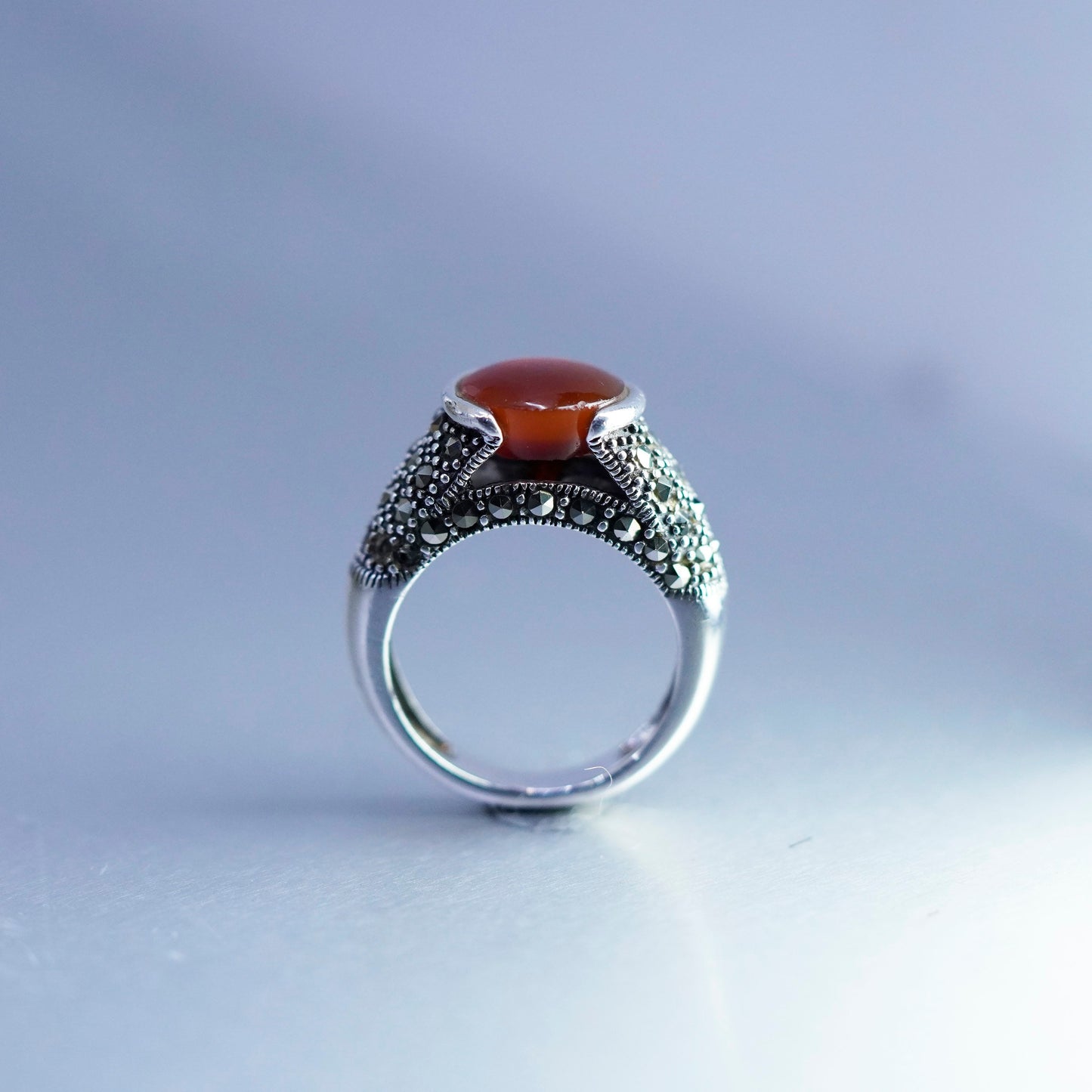 Size 8, southwestern Sterling 925 silver handmade ring band carnelian marcasite