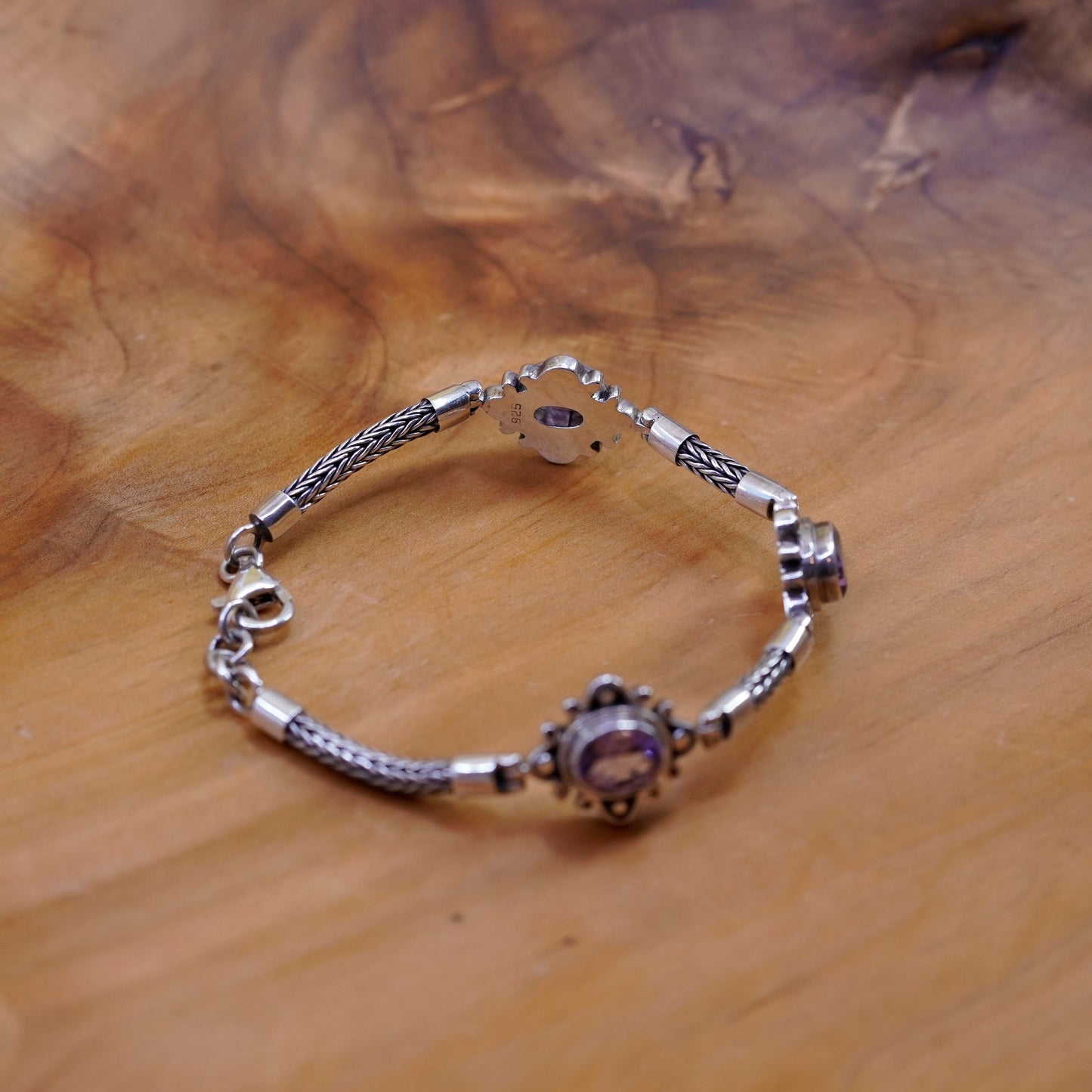 7.25”, Sterling silver handmade bracelet, bold 925 wheat chain amethyst