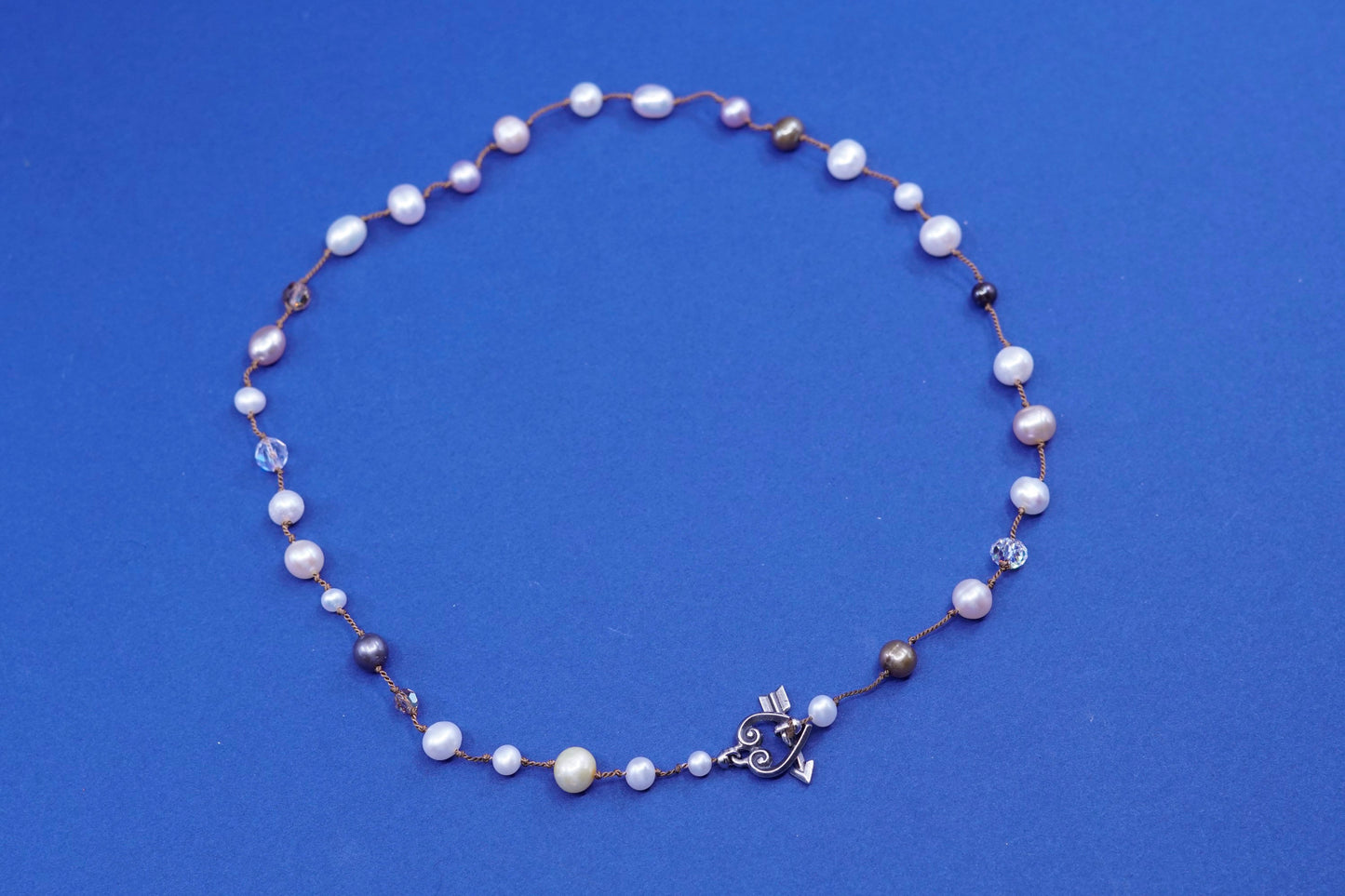 17”, Sterling silver Linen necklace, 925 heart clasp w/ pearl crystal beads