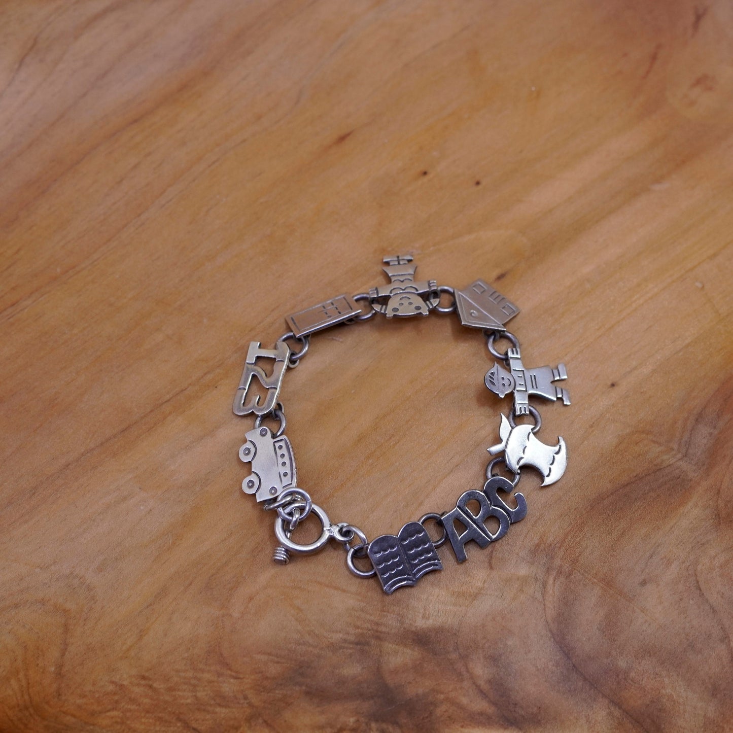 6.5”, Sterling 925 silver bracelet with book ABC Apple kids house 123 car