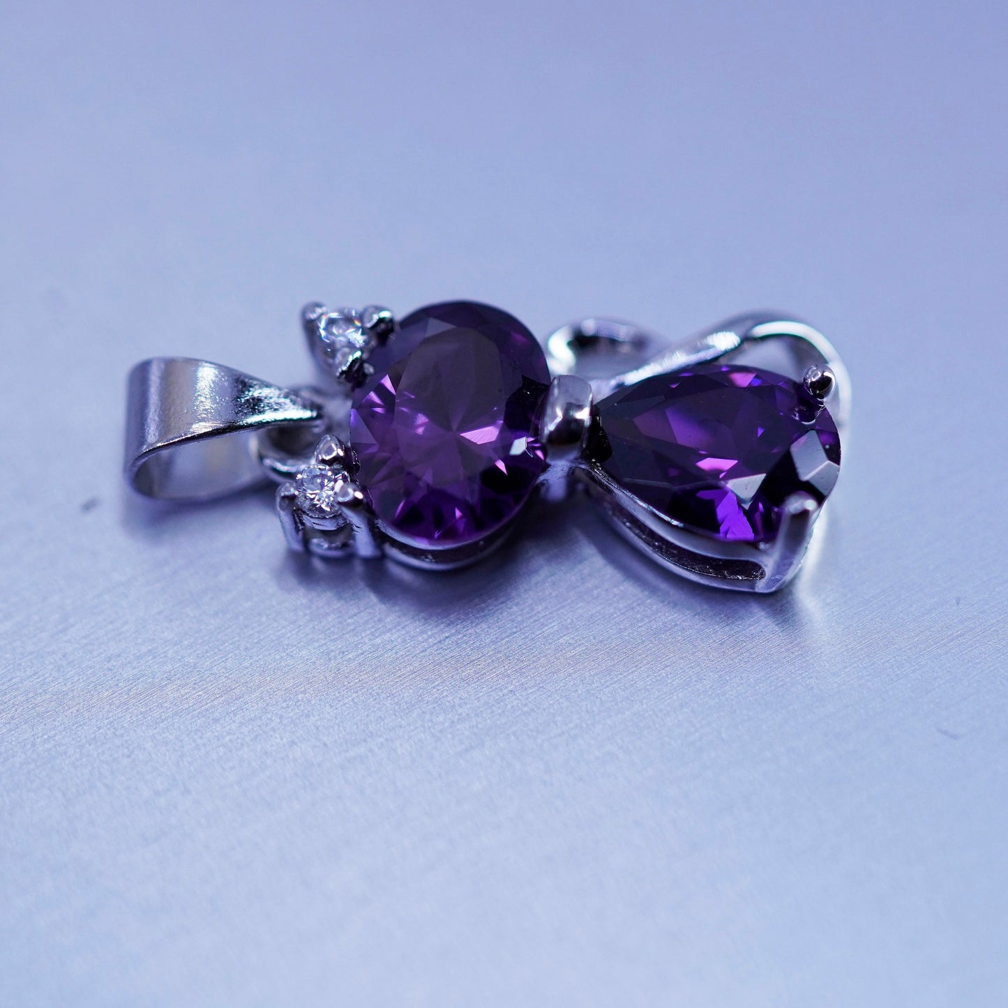 antique sterling 925 silver cat kitty pendant with amethyst and Cz