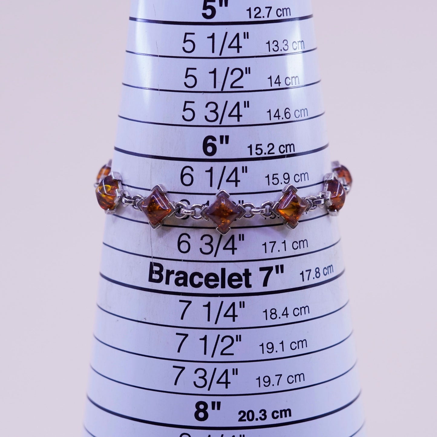 6.5”, Vintage sterling 925 silver handmade tennis bracelet with square amber
