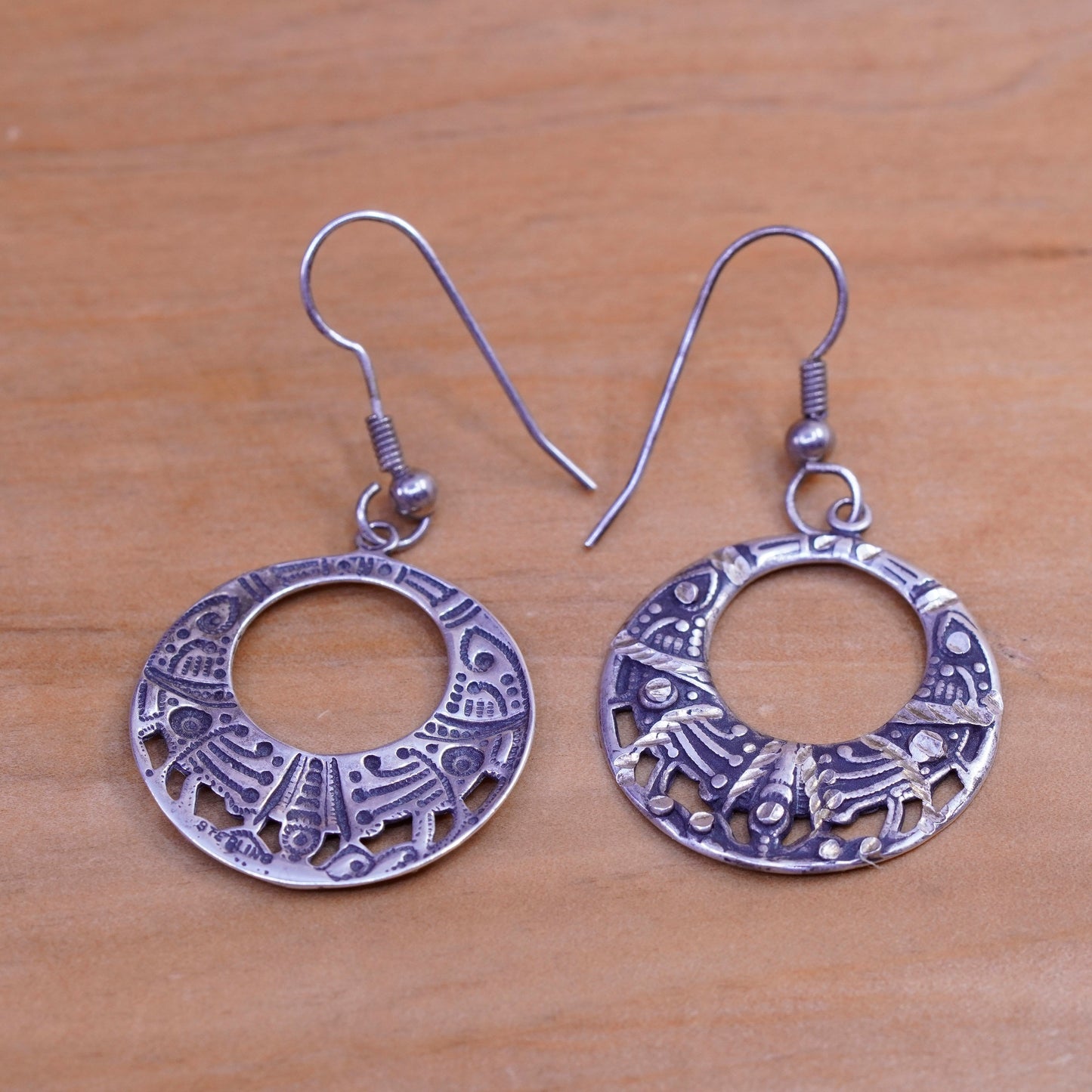 Vintage Sterling silver handmade earrings, 925 textured circles dangle