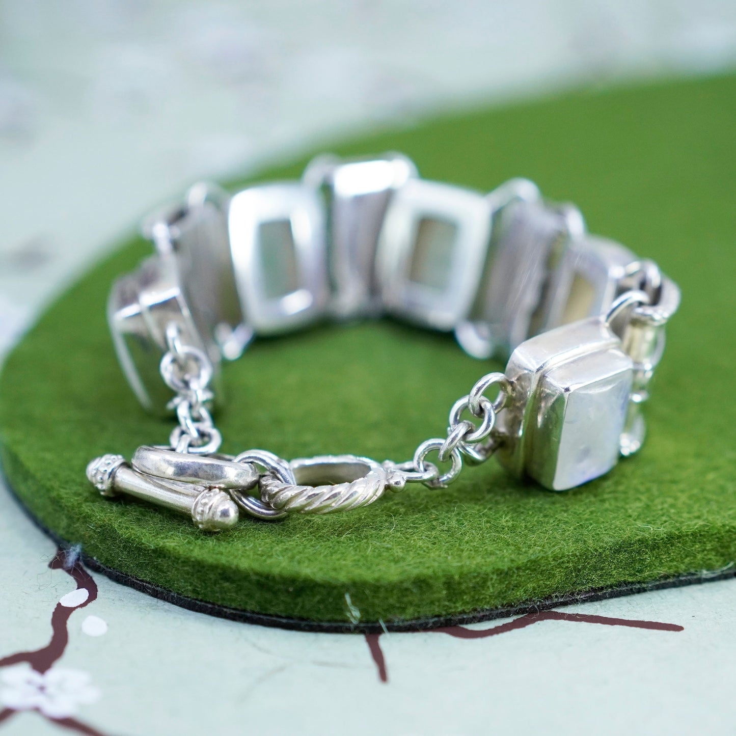 7”, vtg Sterling 925 silver handmade bold bracelet with rectangular moonstone