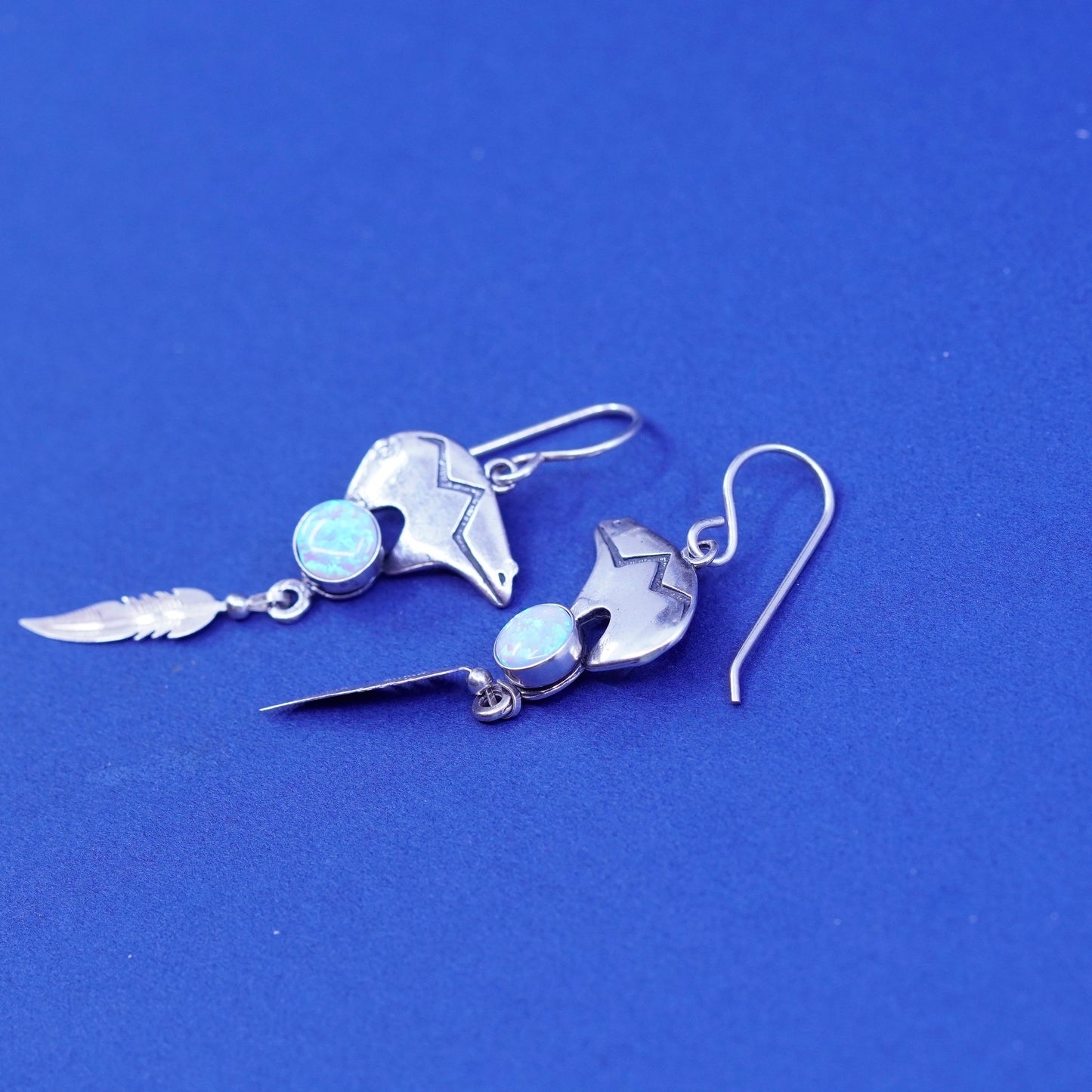 Navajo Glenn Irene sterling 925 silver handmade bear with opal feather dangles