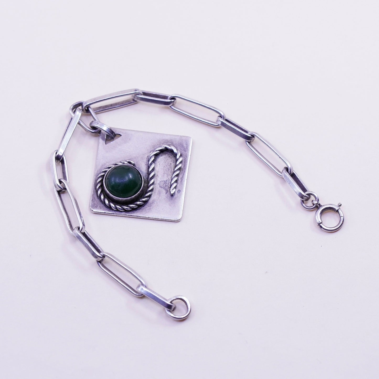 6.25”, vtg sterling silver Handmade elongated chain bracelet square charm jade