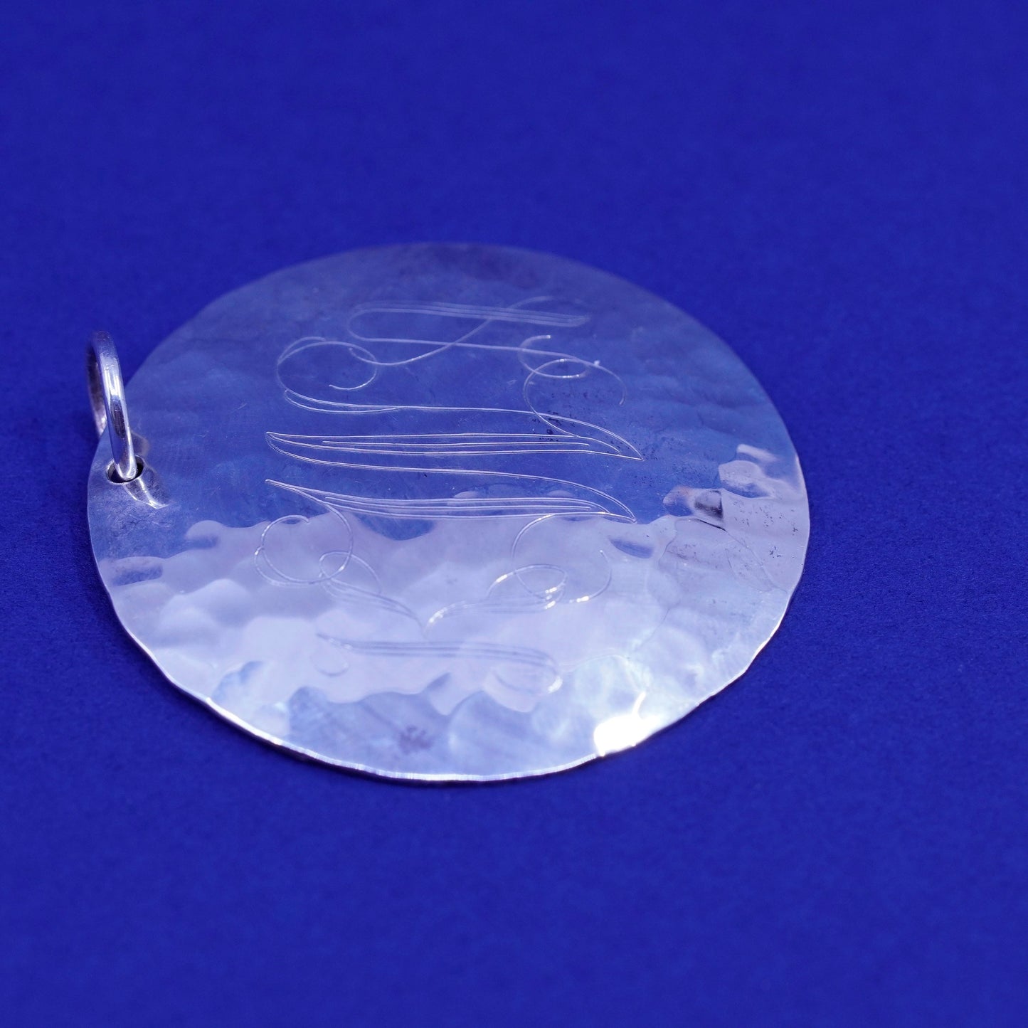 vintage Sterling silver pendant, huge 925 Hammered circle monogram “KWA”