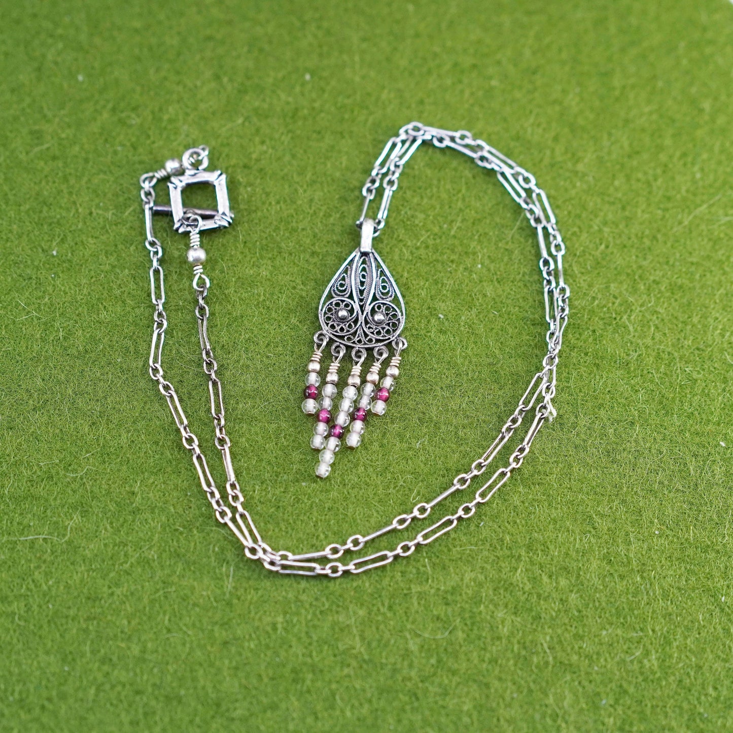 16”, 925 sterling silver elongated chain with filigree teardrop pendant beads
