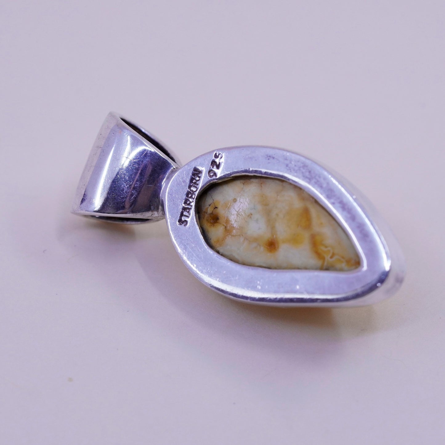 Vintage starborn sterling 925 silver handmade pendant with carved frog amber