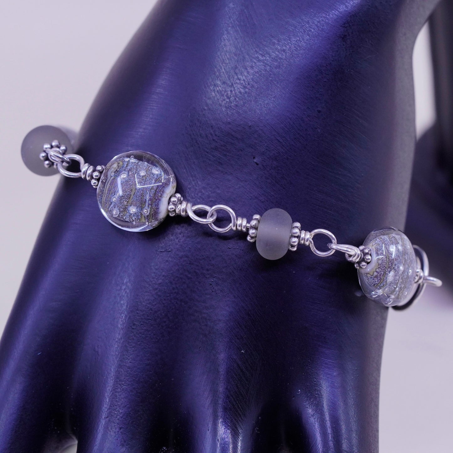 7.25”, vintage 925 Sterling 925 silver beads bracelet with artisan foiled glass
