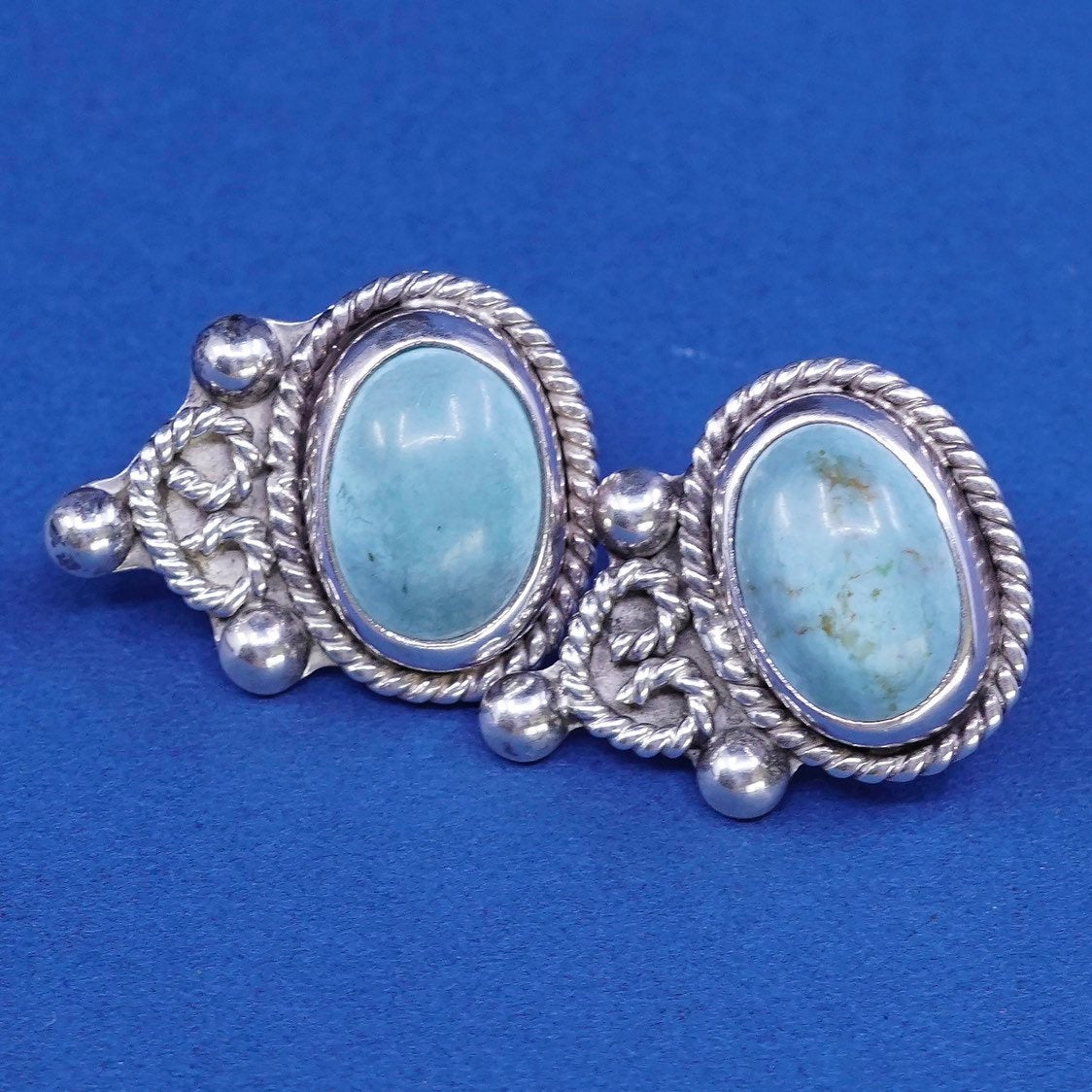 vtg sterling silver handmade earrings, 925 oval studs w/ turquoise N beads