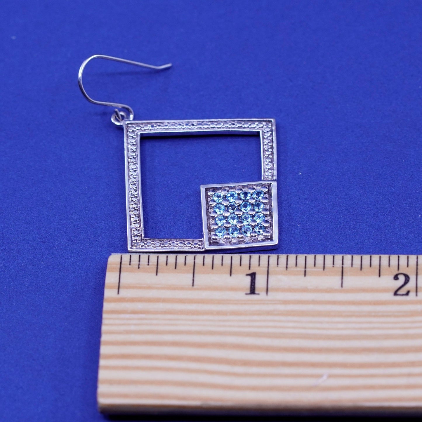 Vintage Sterling silver earrings, 925 square with cluster blue cz