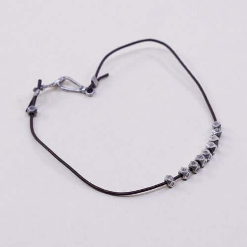 7.5”, Vtg Sterling 925 Silver Handmade Bracelet, Brown Leather Core W/ Beads