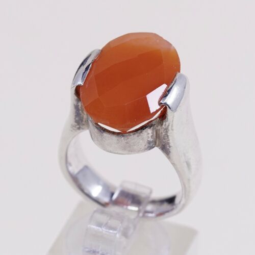 Sz 6.75, Vtg Sterling Silver Ring, 925 Statement Ring W/ Checker Cut Carnelian